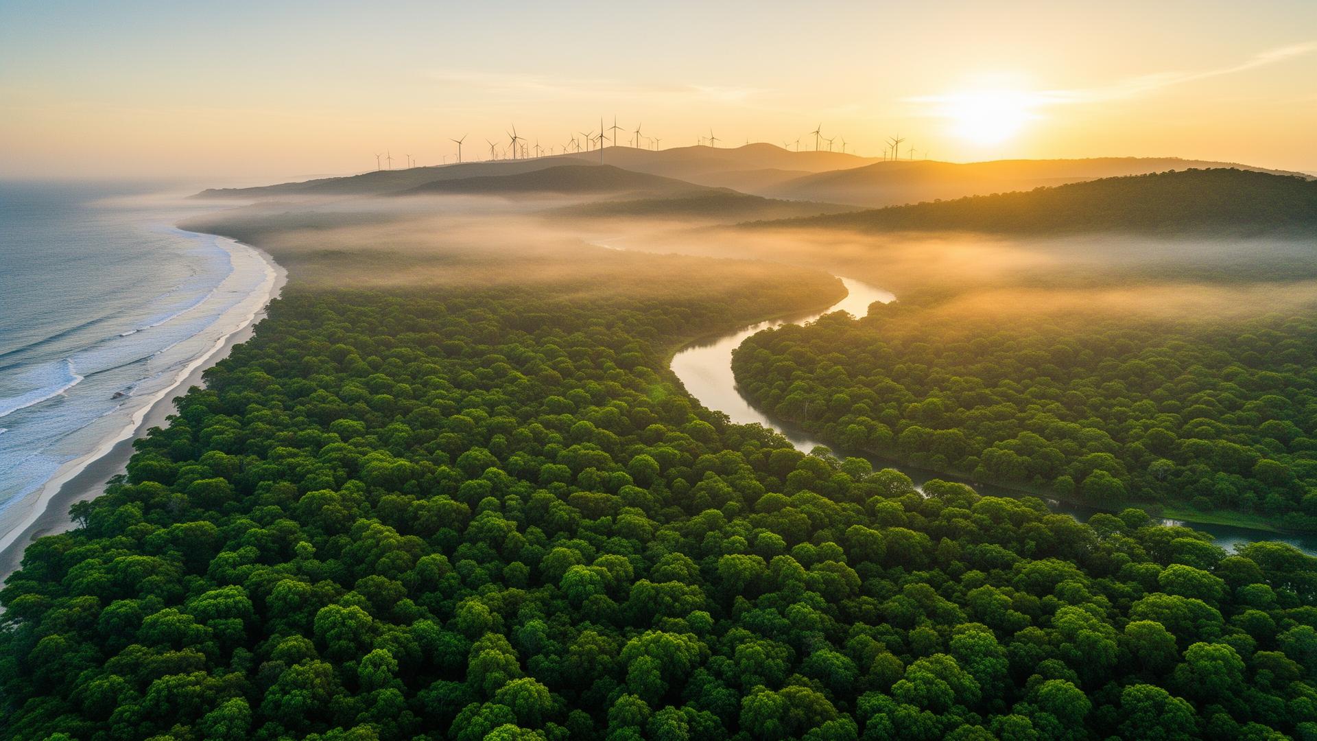 Forest meeting coastline at sunrise with wind turbines
