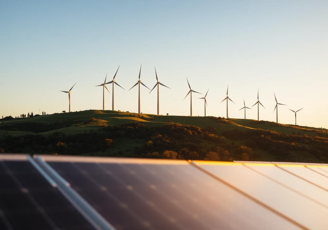 Wind turbines and solar panels at sunset